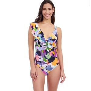 NEW Gottex Holi Floral Ruffle One-Piece Swimsuit - Multicolor